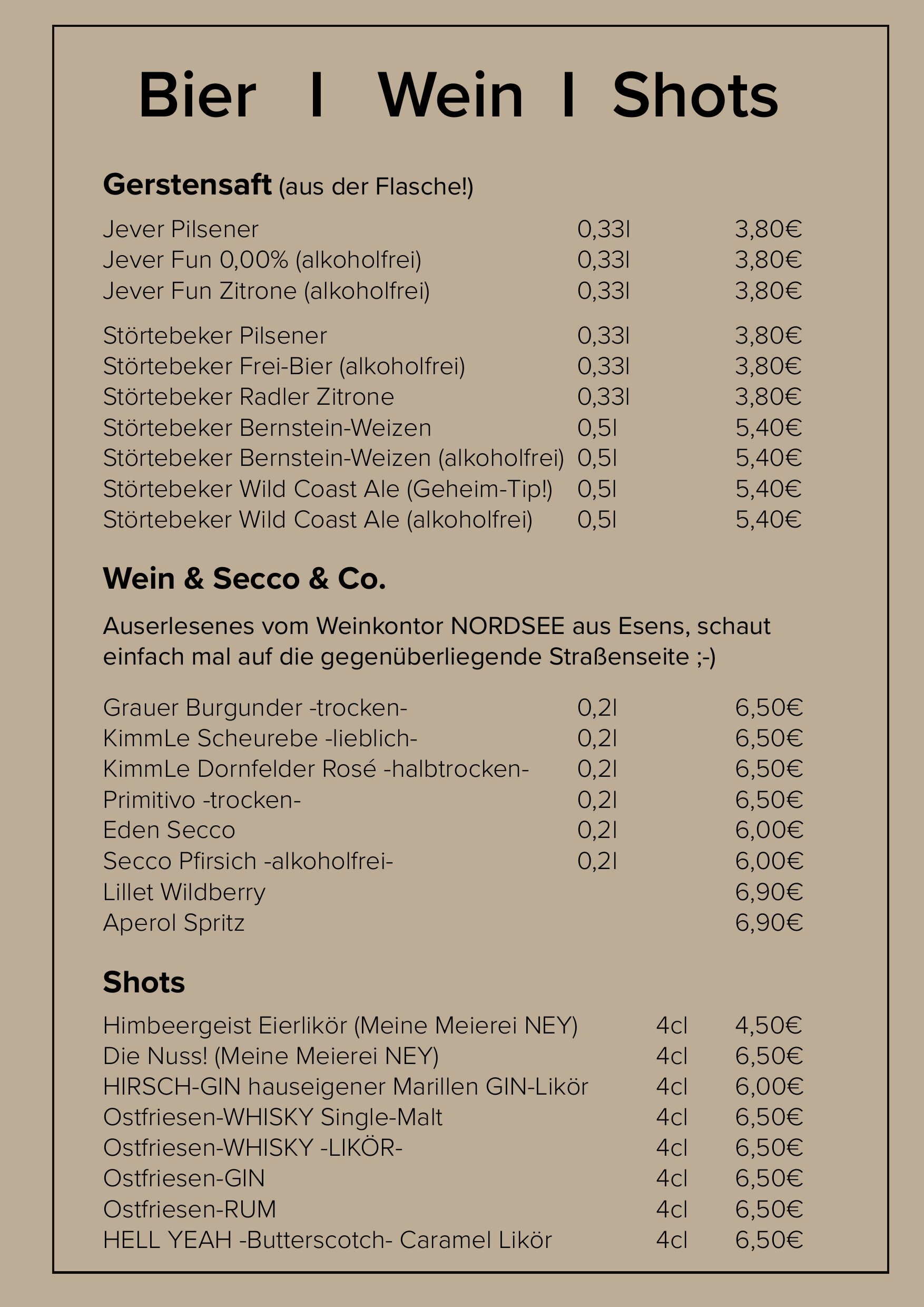Speisekarte: Bier, Wein & Shots