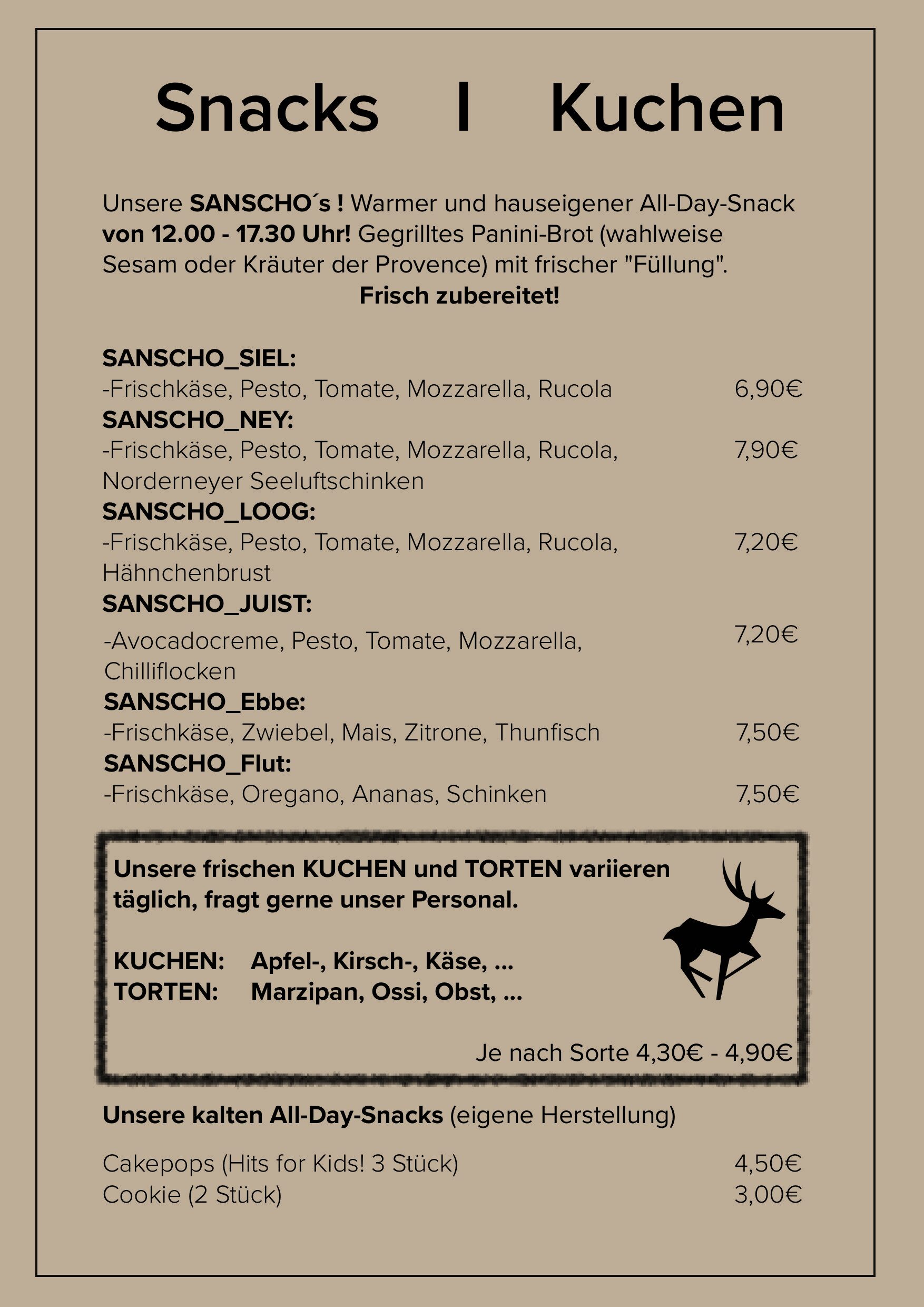 Speisekarte: Snacks & Kuchen